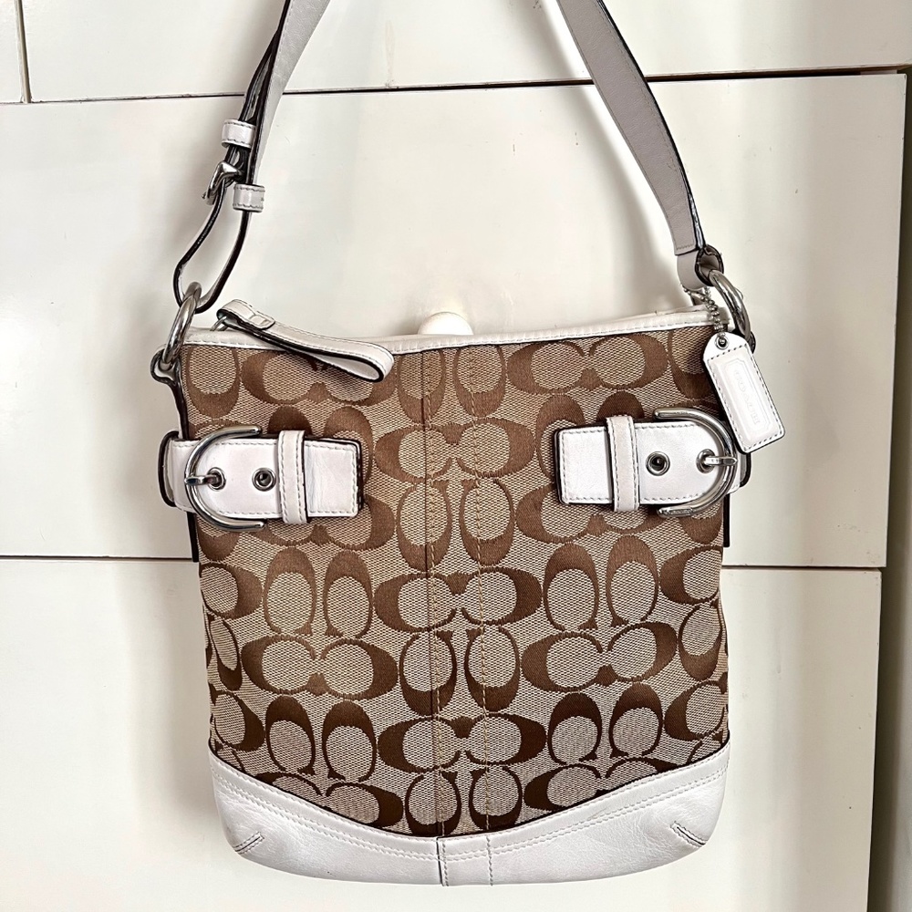 COACH Soho Off White Leather Logo Jacquard Shoulder Bag